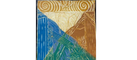 Colourful etching of a wharenui